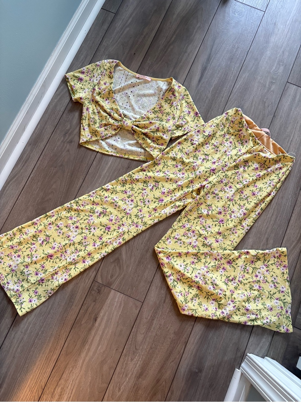 Yellow eyelet floral matching set